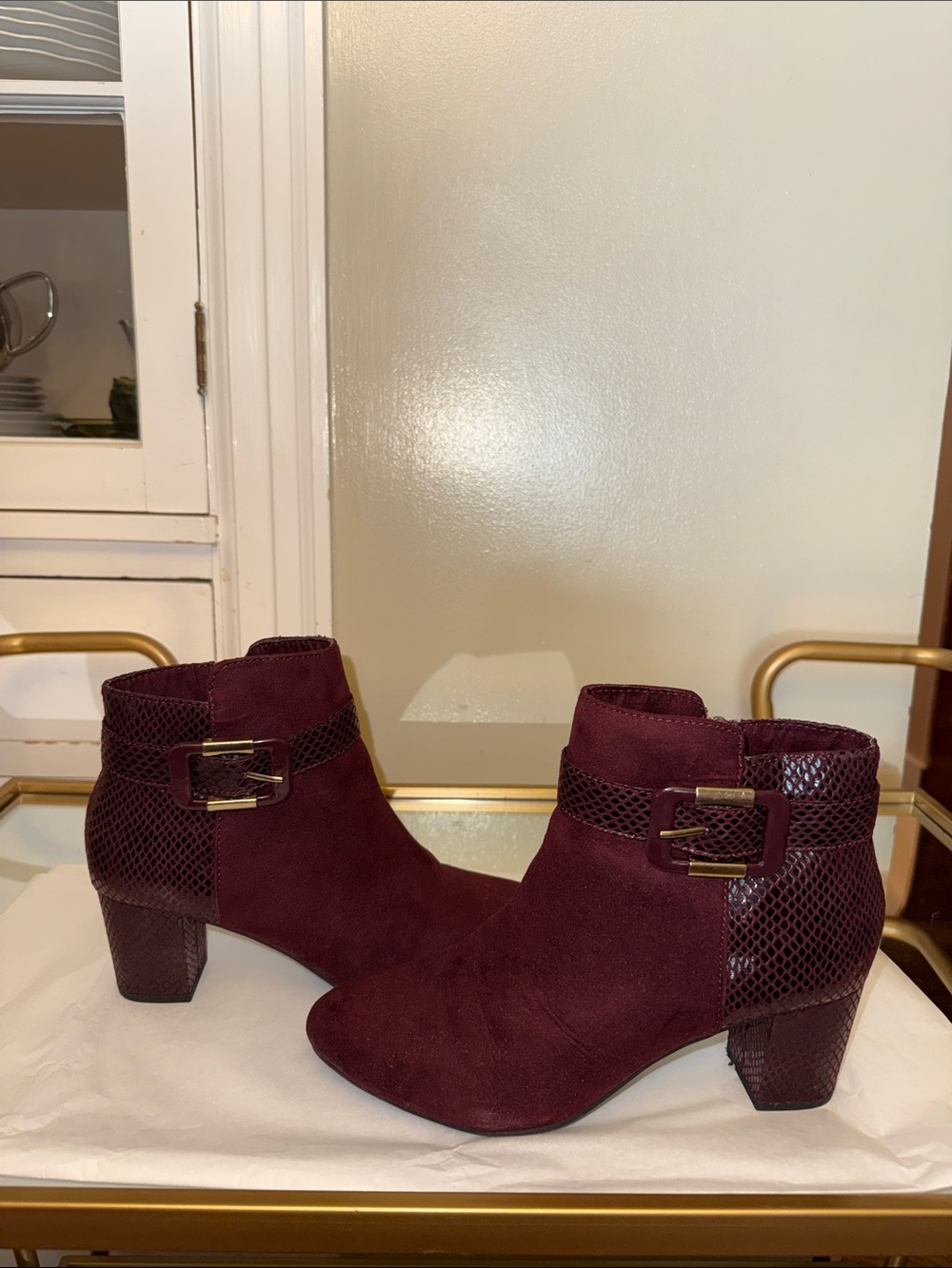Karen Scott Wine Suede/Snake Print Ankle Booties with Buckle Detail